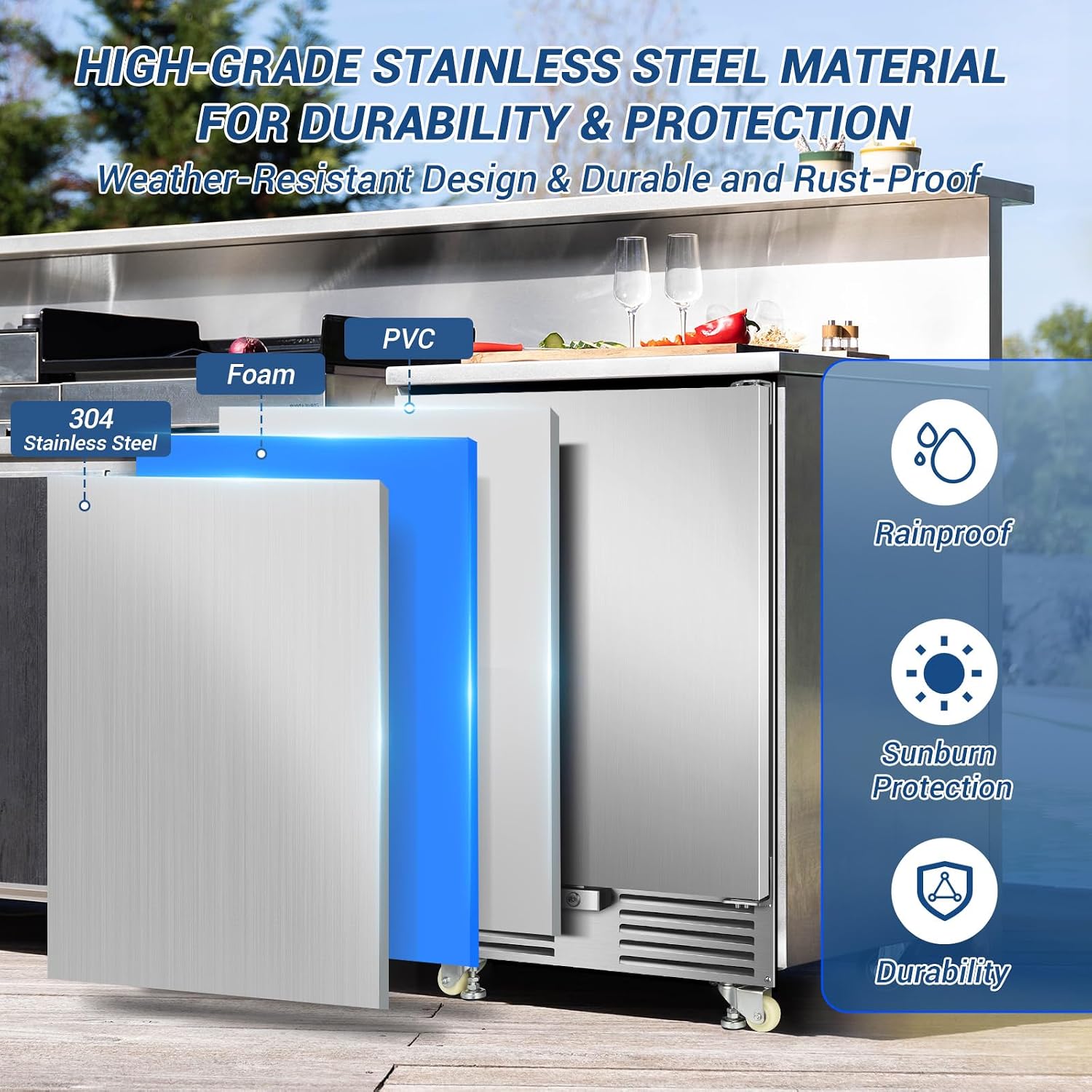 Outdoor Beverage Refrigerator 24 Inch Wide, Stainless Steel Beverage Fridge 180 Cans for Undercounter Built-in or Freestanding, for Home and Patio, Water Proof, Fast Cooling, Low Noise, 37-65 °F