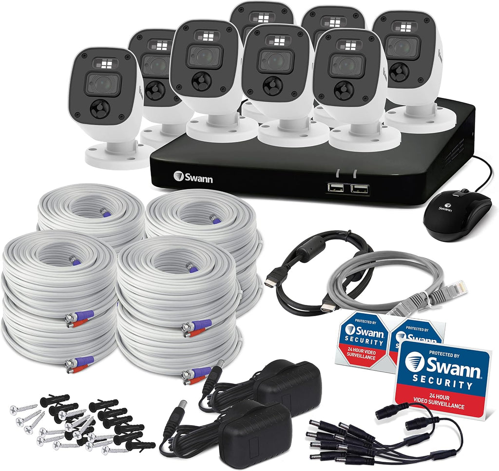 Swann Home Wired DVR 4K Security Camera System, 8 Channels, 8 Bullet Cameras Outdoor, 1TB HDD Storage, Color Night Vision, Bright Spotlights, Smart AI Alerts, Advanced Motion Detection, 24/7 Recording