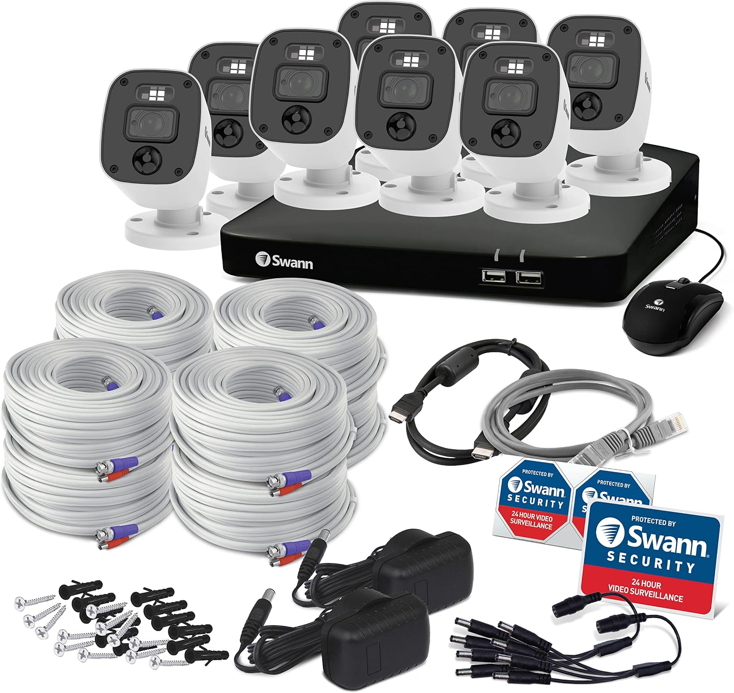 Swann Home Wired DVR 4K Security Camera System, 8 Channels, 8 Bullet Cameras Outdoor, 1TB HDD Storage, Color Night Vision, Bright Spotlights, Smart AI Alerts, Advanced Motion Detection, 24/7 Recording