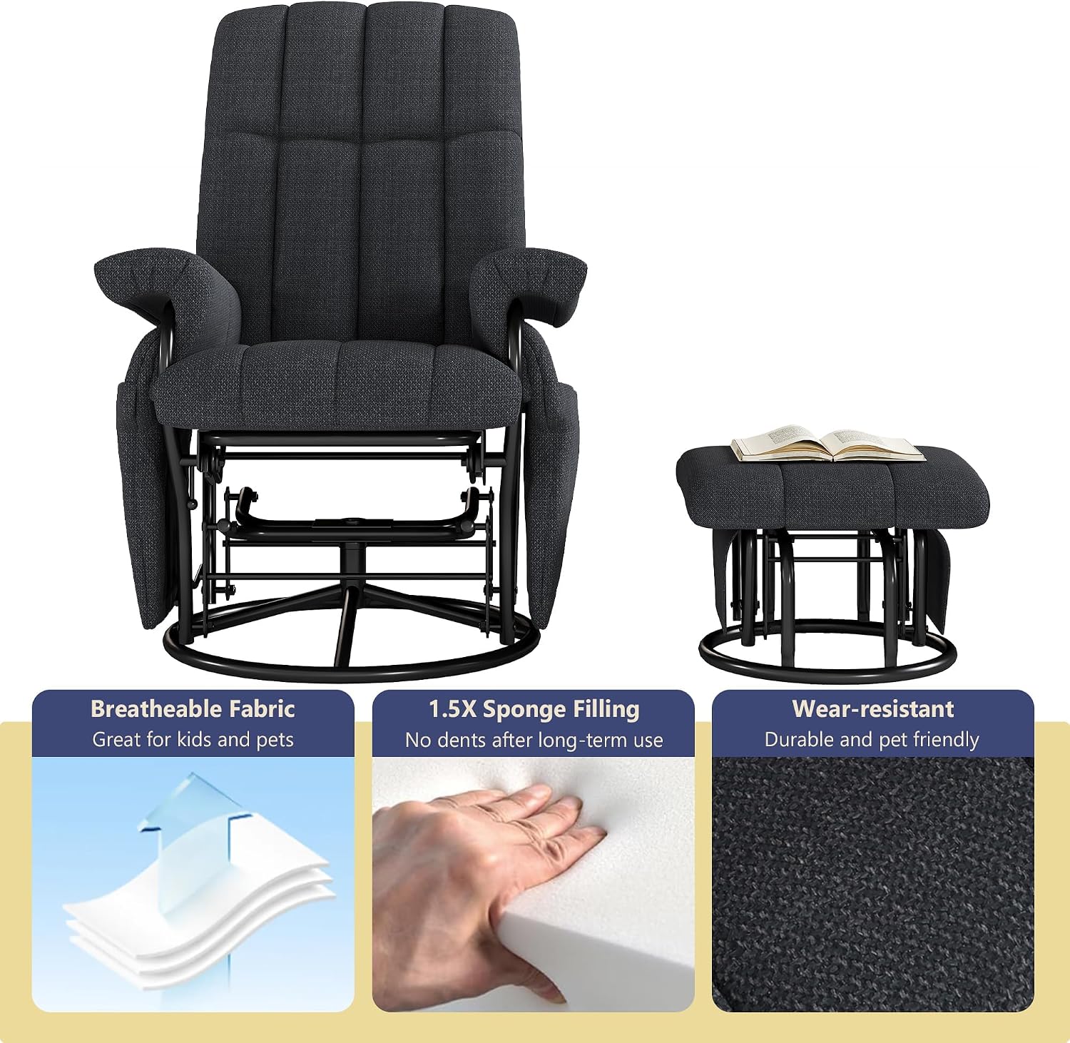 AODAILIHB 360° Swivel Glider Recliner with Ottoman, Nursing Glider Rocking Chair with Foot Rest & 2 Side Pockets for Nursery, Living Room, Bedroom, Office, Grey