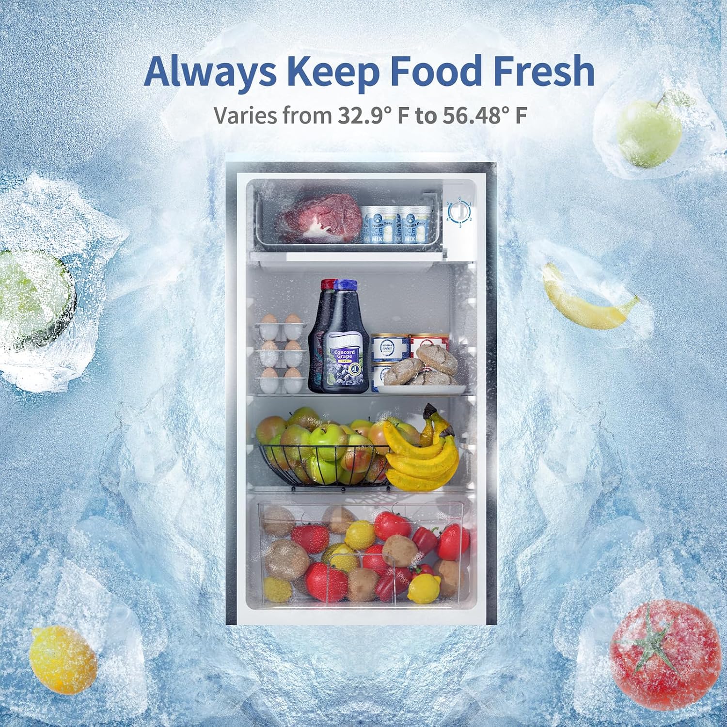 BANGSON Mini Fridge with Freezer, 3.2Cu.Ft, Single Door Small Refrigerator, Energy-Efficient, Low Noise, Mini fridge for Bedroom Dorm and Office, Silver