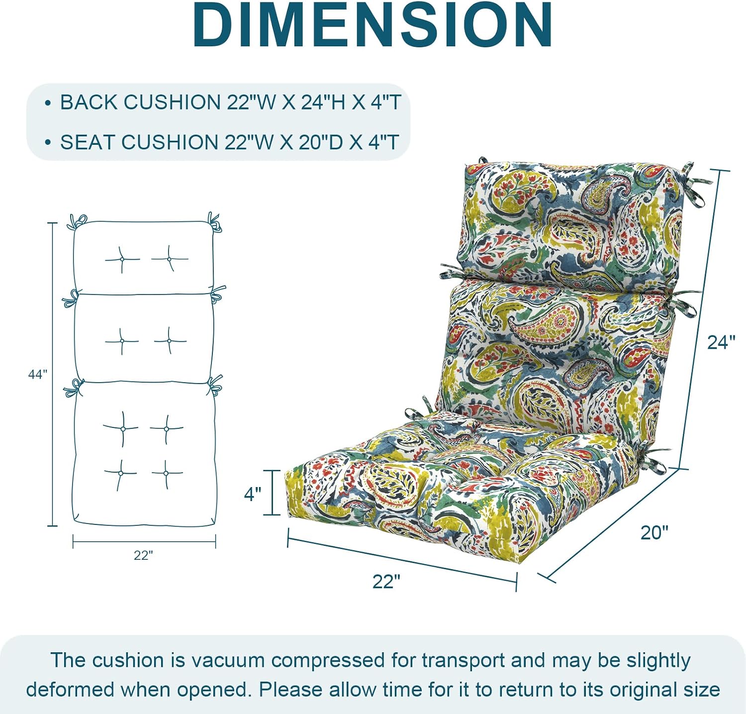 DYTXIII Outdoor High Back Chair Cushions Set of 2, Water Repellent Tufted Rocking Seat Cushions Replacement 44 x 22 Inch, Seat & Back Chair Pads for Patio, Balcony and Indoor Use -Paisley Paradise
