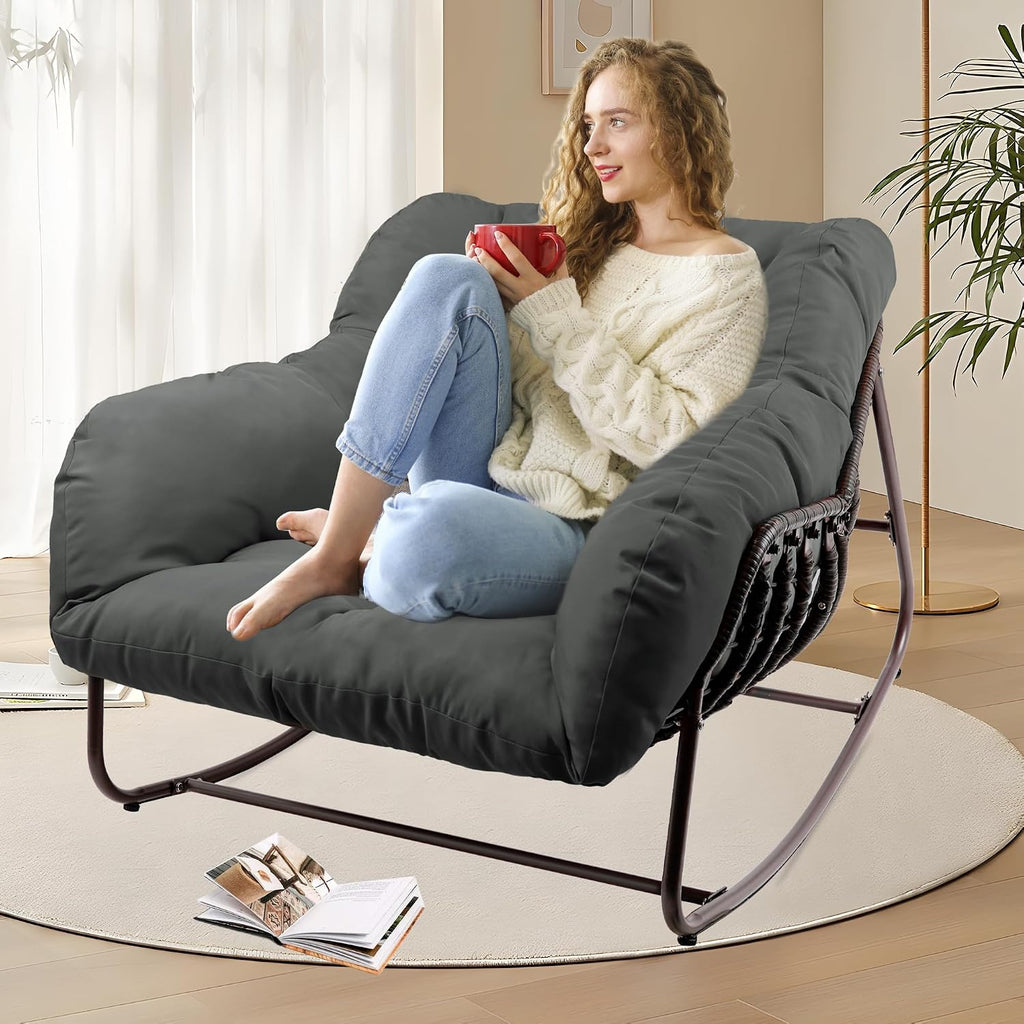 Outdoor Papasan Rocking Chair, Oversized Patio Rocking Chairs with Padded Cushion& Pillow-Comfortable Rocker Egg Chair for Front Porch, Garden, Patio, Backyard,2PC,Grey