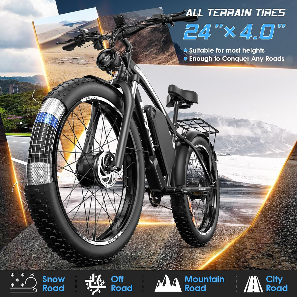 6000W Peak Dual Motor Electric Bike for Adults, 24' Fat Tire Ebikes 52V 32AH, Fast 45 MPH, 100 Miles Long Range, Hydraulic Brake, Pedal Assist Electric Bicycle for Off-Road Mountain Snow Commuter