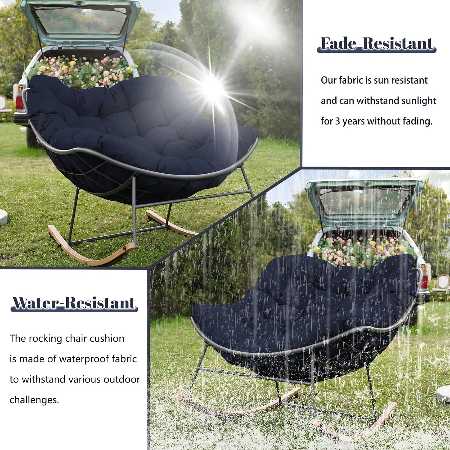 Outdoor Rocking Chair Cushions Replacement, 6''Thick Waterproof & Fade Resistant Papasan Chair Cushion with 6 Straps,Tufted Egg Chair Cushion for Indoor & Outdoor (Navy Blue)