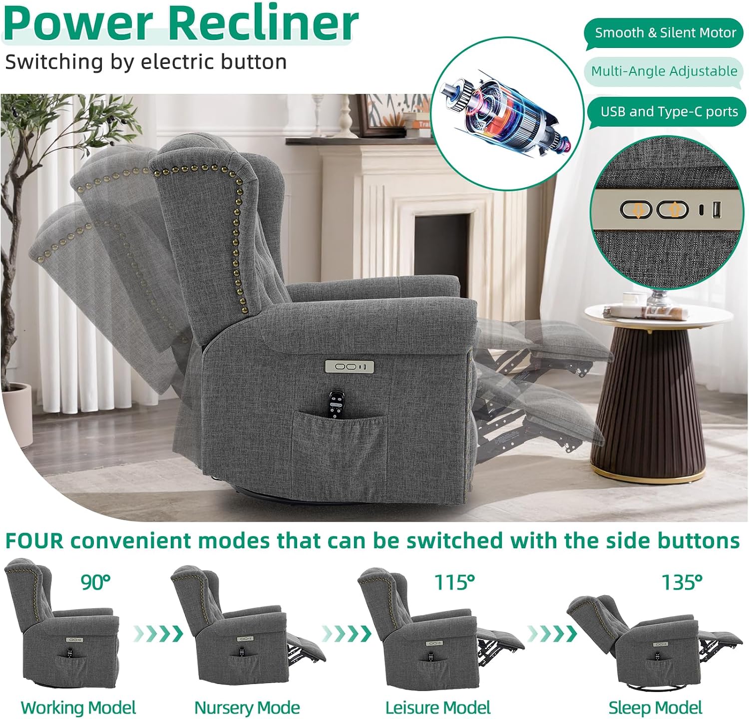 VIVIJASON Power Swivel Rocking Recliner Chair with Massage & Heat, Electric Rocker Glider Chair for Nursery, Wingback Tufted Upholstered Recliner W/Type-C & USB Ports for Living Room, Bedroom, Grey