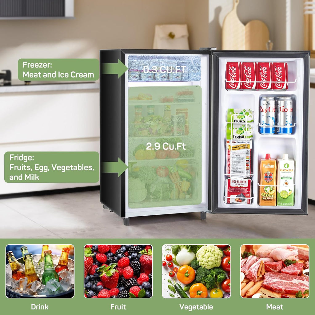 Mini Fridge for Bedroom, 3.2 Cu.Ft Small Refrigerator with Freezer for Dorm Office, Compact Single Door Adjustable Thermostat Low Noise, 17.5'D x 17.7'W x 31.5'H