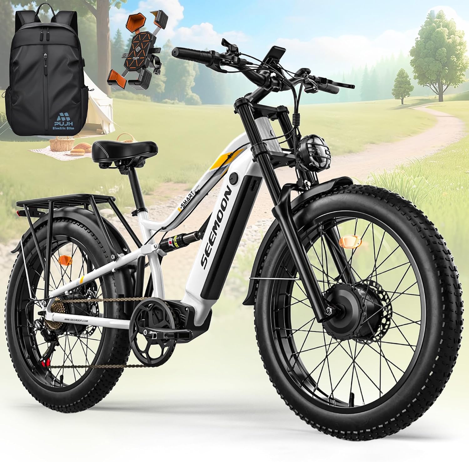 Seemoon Electric Bike for Adults, 52V 20Ah 26' Fat Tire Fast Ebike, up to 100 Miles, Hydraulic Brakes, Off-Road Mountain Hunting AWD Ebike for Men (White&Orange)