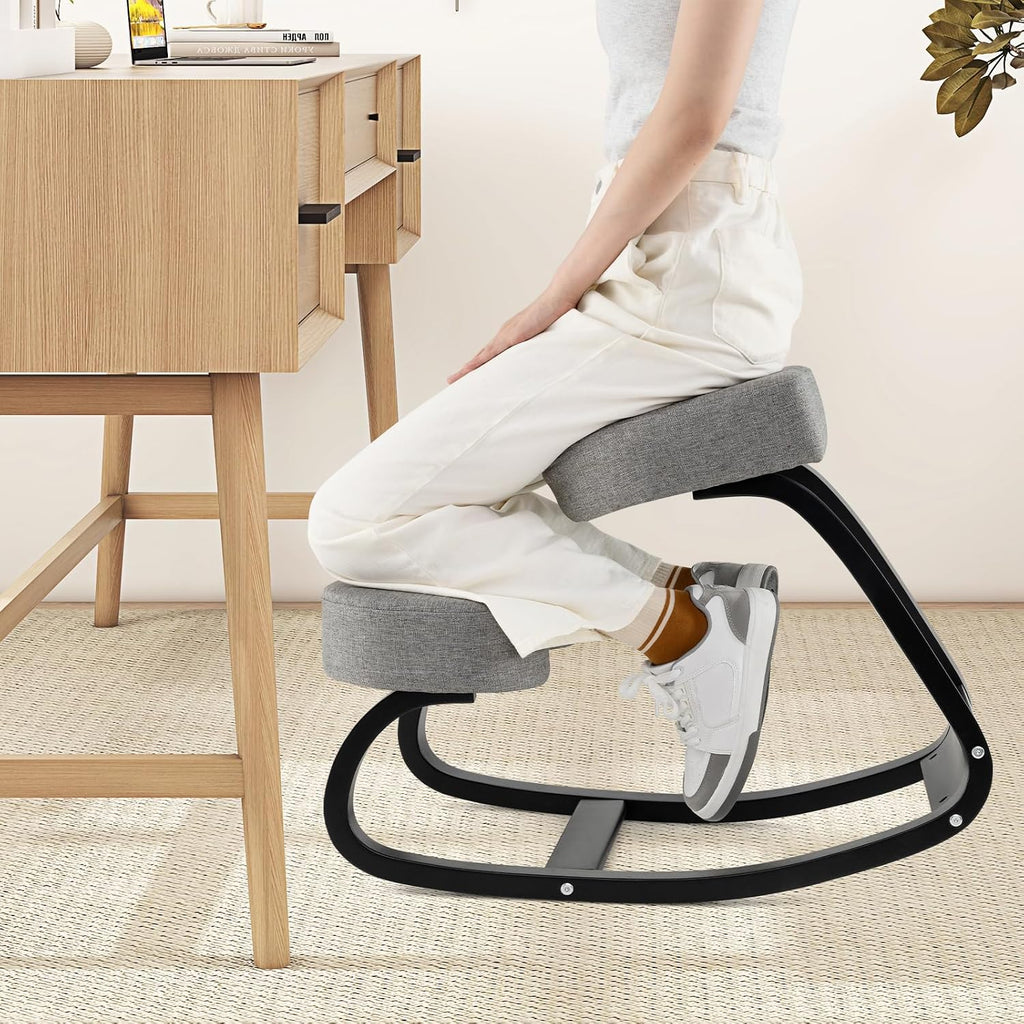 Giantex Ergonomic Kneeling Desk Chair, Upright Posture Chair with Cushion & Solid Wood Frame, Natural Relief for Neck or Back Pain, Wooden Knee Chair for Home Office (2)