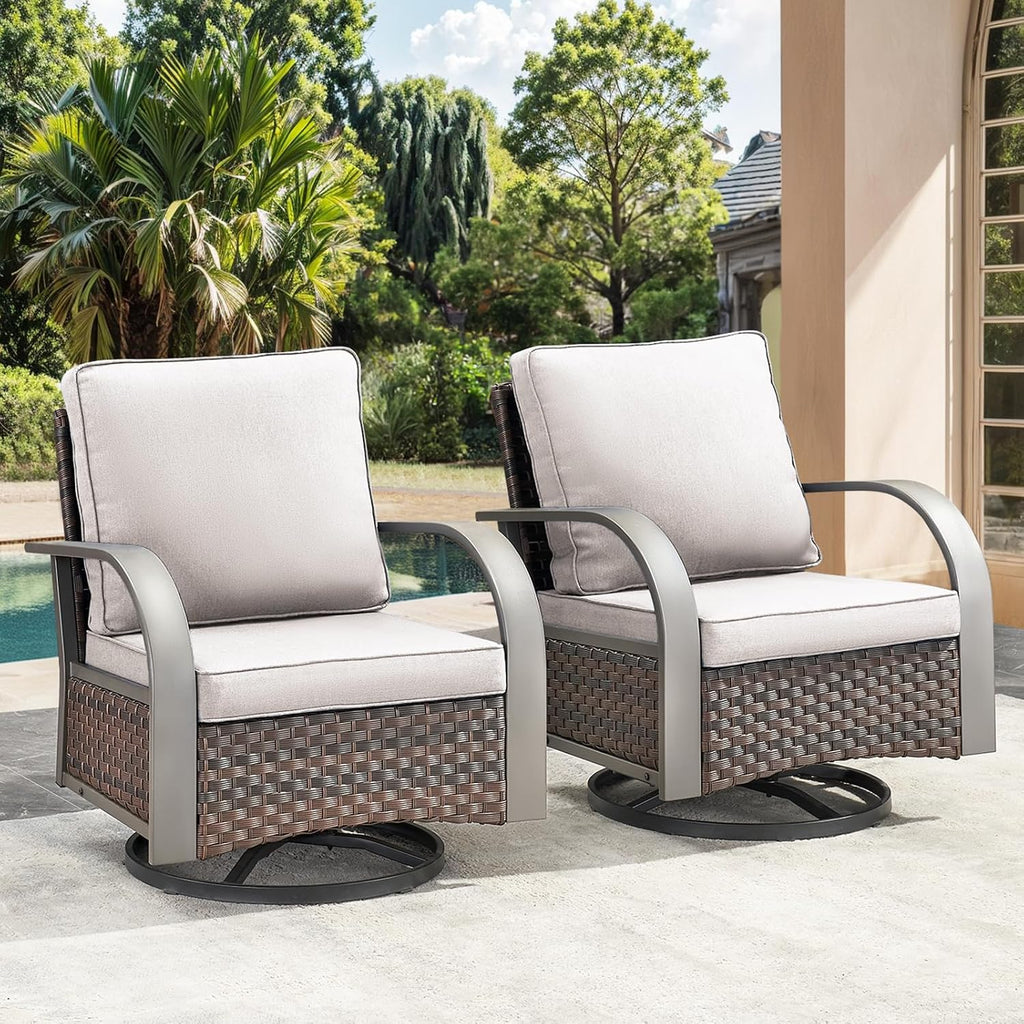 HUMMUH Patio Swivel Glider Outdoor Chair-All Weather Rattan Wicker Patio Swivel Rocking Chairs Porch Chair for Deck Porch Lawn Garden Backyard-Brown/Beige