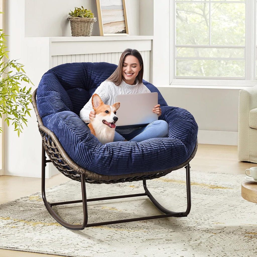Outdoor Indoor Rocking Chair with Padded Cushion, Oversized Patio Papasan Rocking Egg Chair, All Weather Wicker Egg Rocking Chair, Comfy Large Rattan Rocker Lounge Chair for Front Porch,Garden, Patio