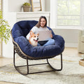 Outdoor Indoor Rocking Chair with Padded Cushion, Oversized Patio Papasan Rocking Egg Chair, All Weather Wicker Egg Rocking Chair, Comfy Large Rattan Rocker Lounge Chair for Front Porch,Garden, Patio