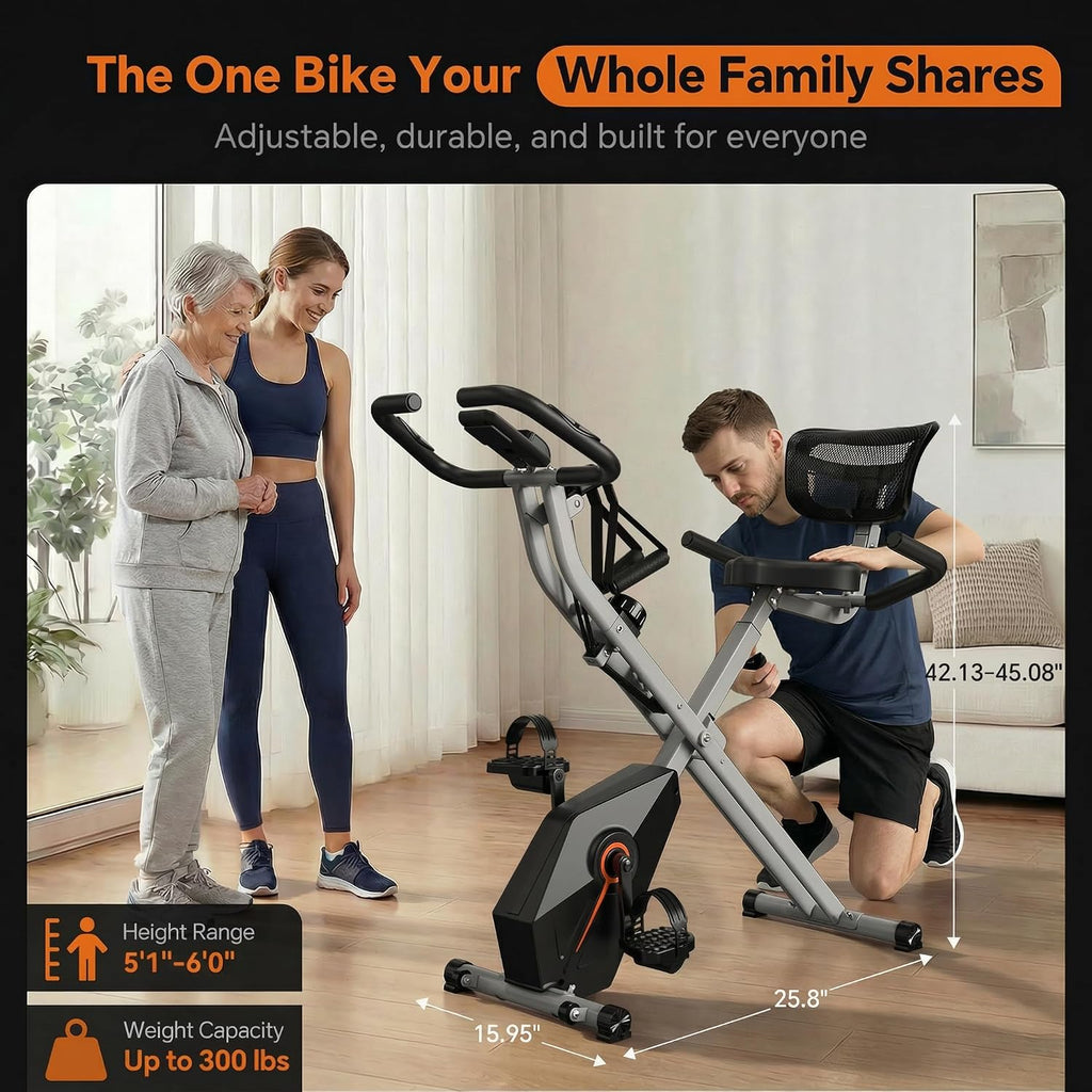 USLIM Foldable Exercise Bike Stationary Bikes for Home, 5 IN 1 Indoor Workout Bike, Cycling Bike with 16-Level Quiet Magnetic Resistance, 6.6 LBS Flywheel and 300LBS Capacity for Senior and Home Workout
