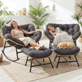 BULEXYARD Large Rocking Egg Chair 4 Pcs with Ottoman Indoor Outdoor 450lbs, Brown Wicker Royal Rocking Papasan Chair with Dark Grey Thick Cushion, Comfy Recliner Lounge Rocker for Balcony, Porch