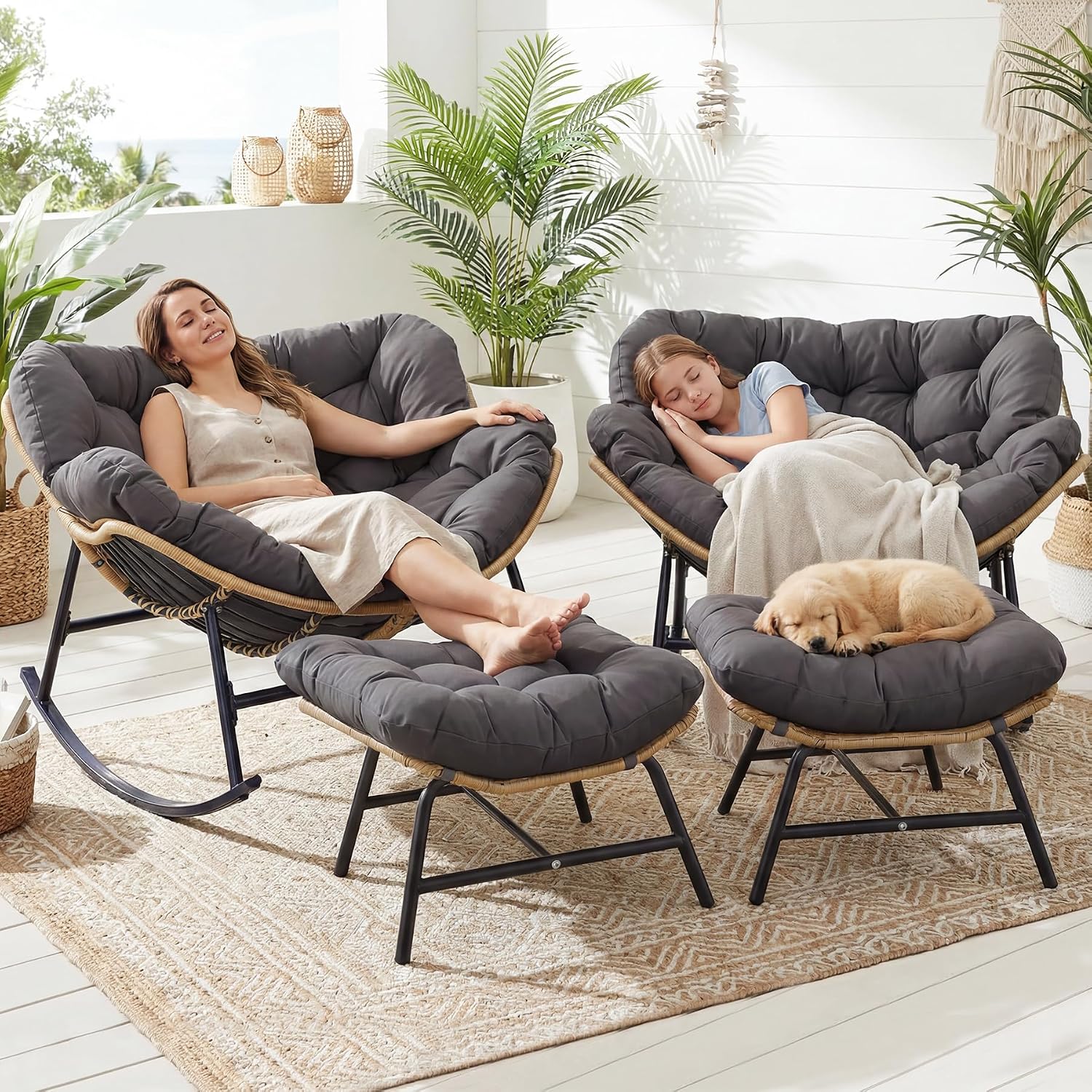BULEXYARD Large Rocking Egg Chair 4 Pcs with Ottoman Indoor Outdoor 450lbs, Brown Wicker Royal Rocking Papasan Chair with Dark Grey Thick Cushion, Comfy Recliner Lounge Rocker for Balcony, Porch