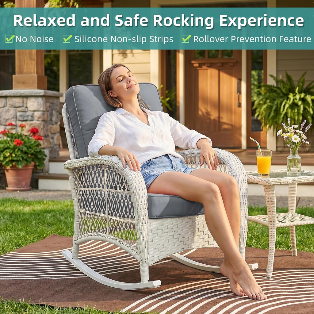 MEETWARM Outdoor Wicker Rocking Chair, Rattan Patio Rocker Chairs with Cushions and High Back, All-Weather Patio Wicker Chair with Safe Rocking Design for Garden Backyard Porch, Cream White/Grey