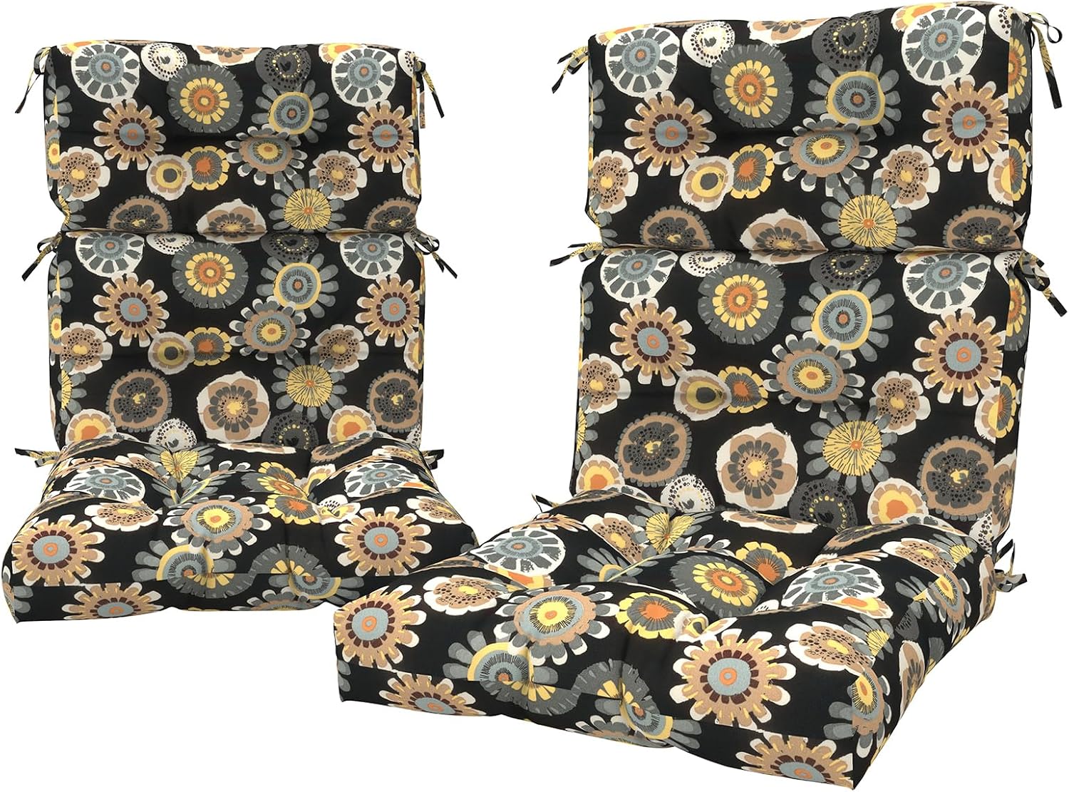 LVTXIII Outdoor Tufted High Back Cushions, 22' W x 20' D Fluffy Seat and Back Chair Cushion with Ties, Patio Replacement Rocking Chair Cushion for Outdoor Furniture Use, 2 Pack, Black Yellow Crosby