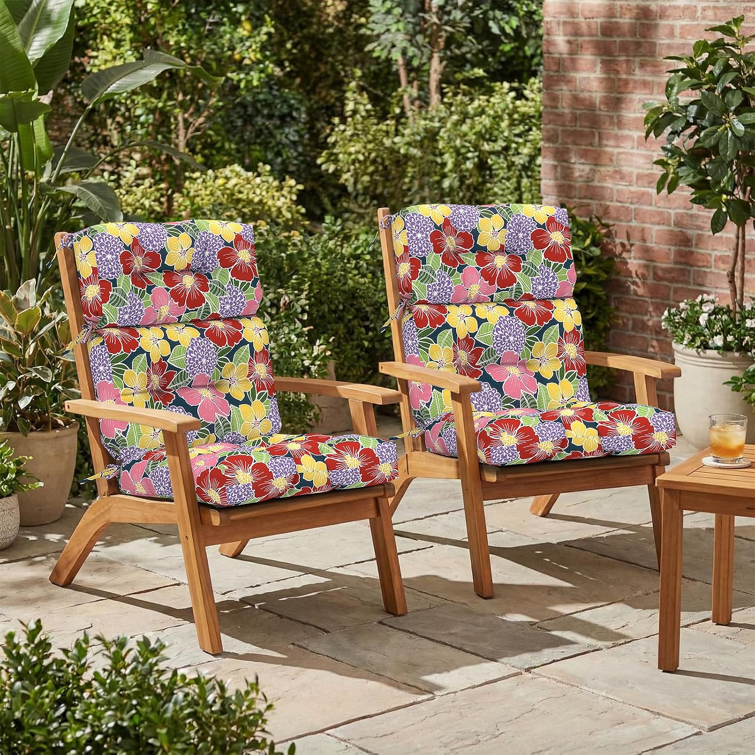 Outdoor High Back Patio Chair Cushions, Fade Resistant & Waterproof Tufted Seat and Back Cushions for Patio Furniture, Patio Chair Cushions 44x22 Inch, Set of 2, Flower Bloom