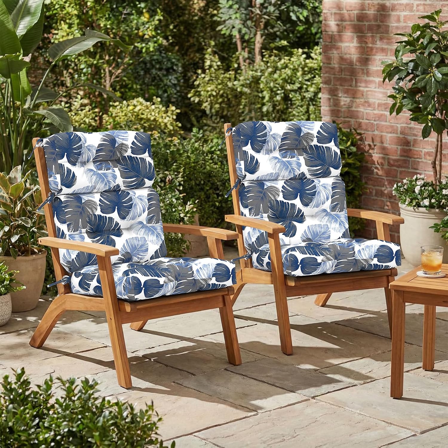 Outdoor High Back Patio Chair Cushions, Tufted Rocking Chair Cushions, Adirondack Cushions for Garden Porch Home Office Chair Use, 44' x 22' x 4', 2 Pack, Monstera Blue