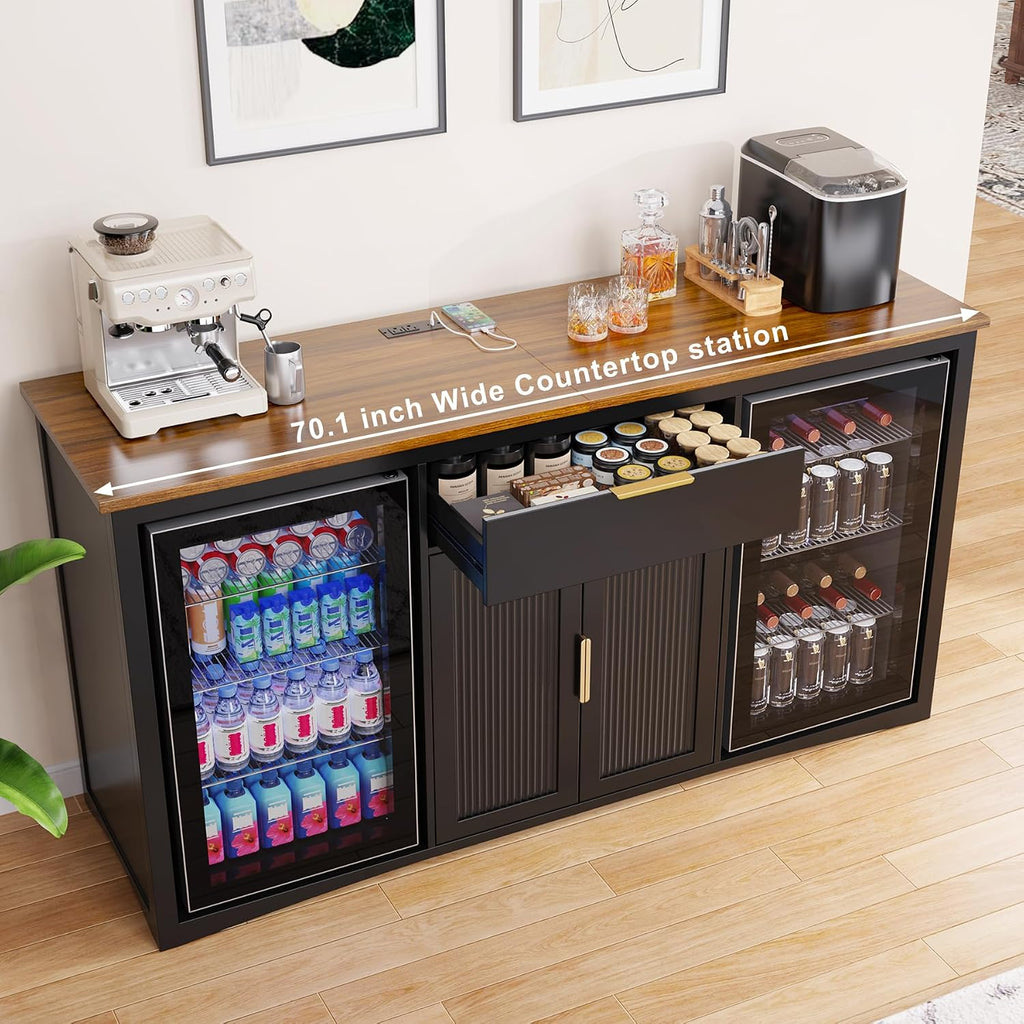 GDLF 70.1' Long Coffee Bar Cabinet with Fridge Space, Modern Wine Liquor Cabinet with Storage & Power Outlet, Buffet Sideboard with Fluted Doors for Home, Black