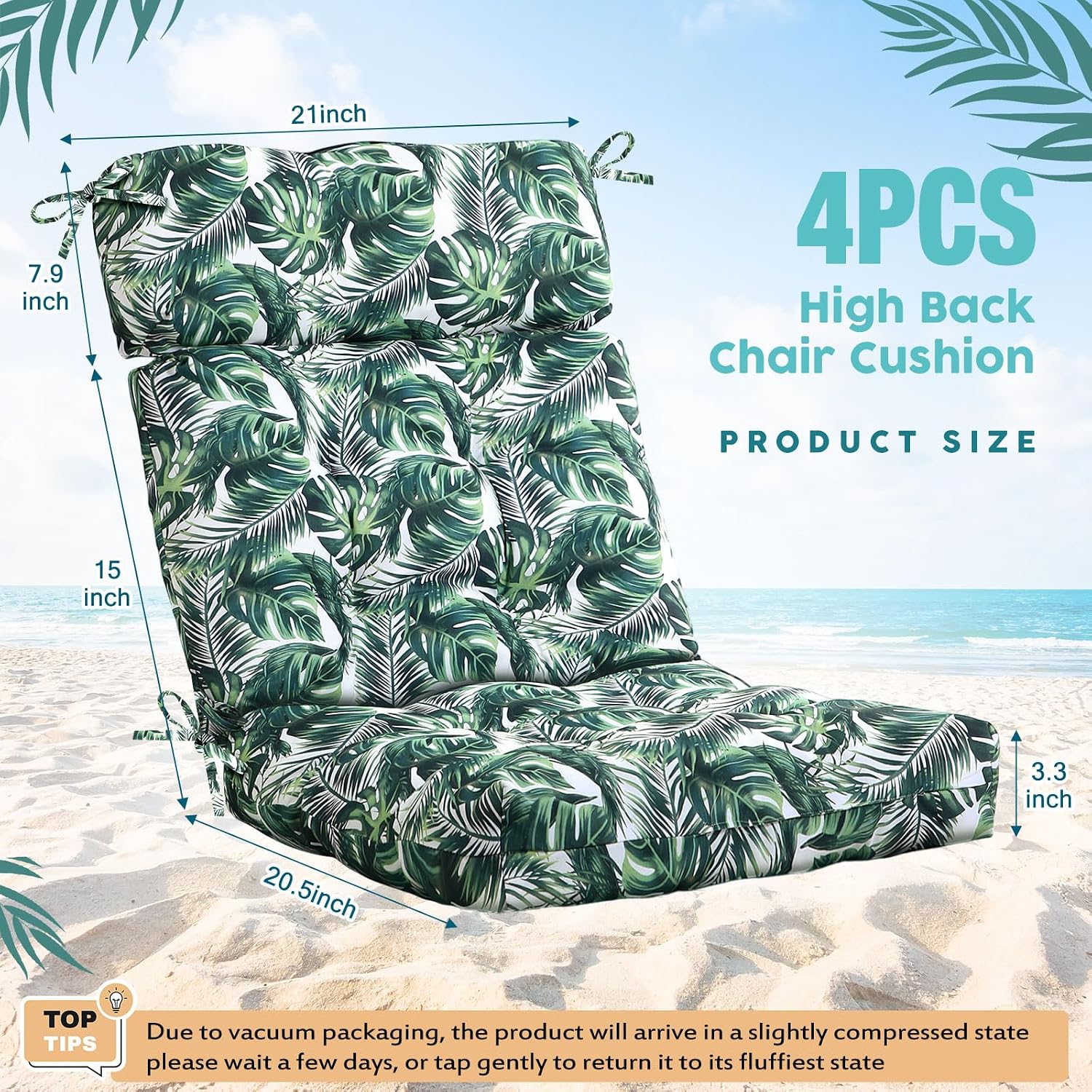 Barydat 4 Pcs Tufted High Back Chair Cushion Indoor Outdoor Seat and Back Cushions Palm Leaves Tropical Plants Lawn Rocking Chair Pads with Ties for Adirondack Patio Garden (Classic Style)
