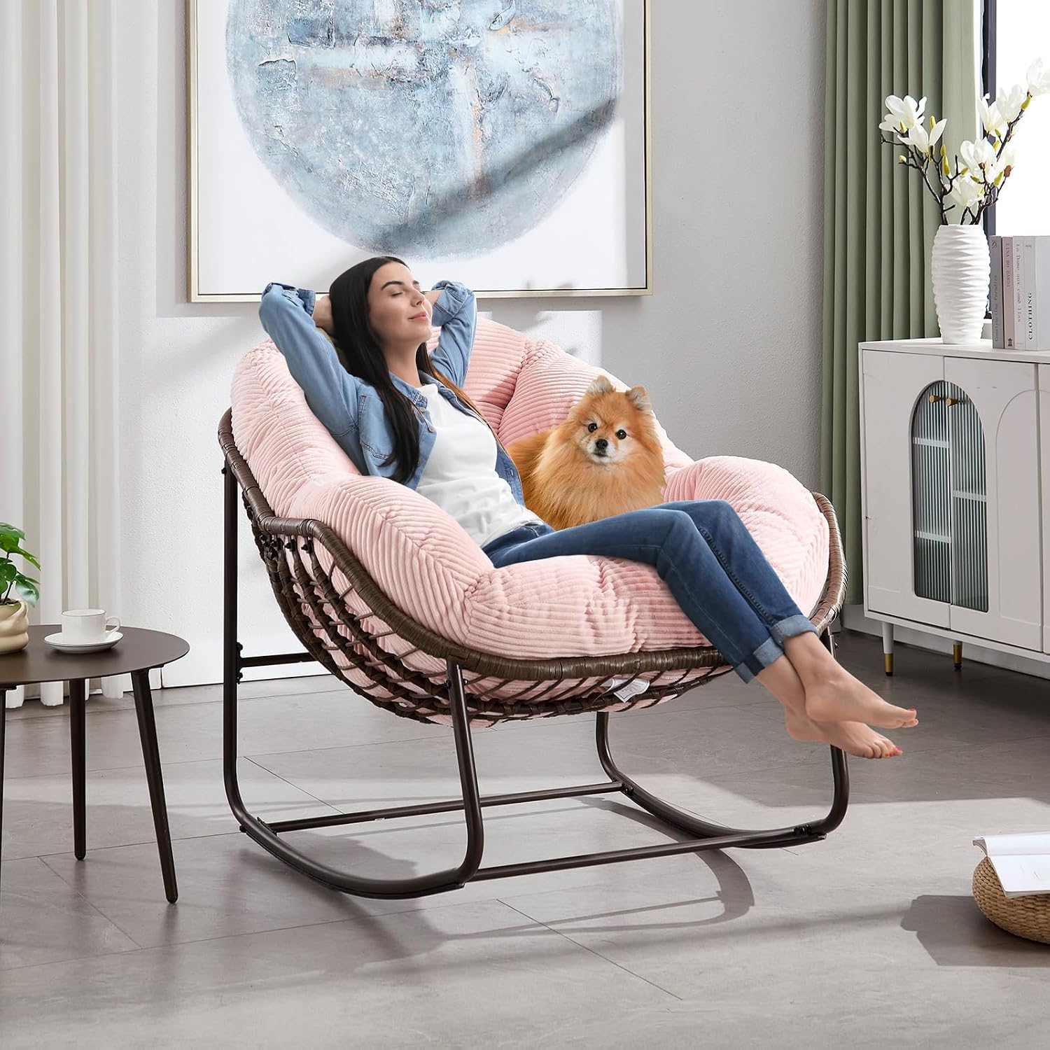 Deolme Large Papasan Rocking Chair with Cushion, Oversized Comfy Reading Lounging Indoor Outdoor Rocker for Front Porch Backyard Bedroom Living Room Egg Chair Rattan (Pink)