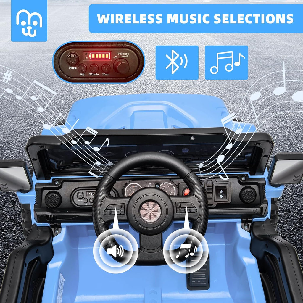 MINIATURE MOTORS 12V Kids Electric Ride on Truck Car Remote Control, Twin 35W Motors 3.5MPH Max Speed, Bluetooth Music Player, 4 Wheels Suspension LED Lights Safety Belt, Gift for Boys & Girls-Blue