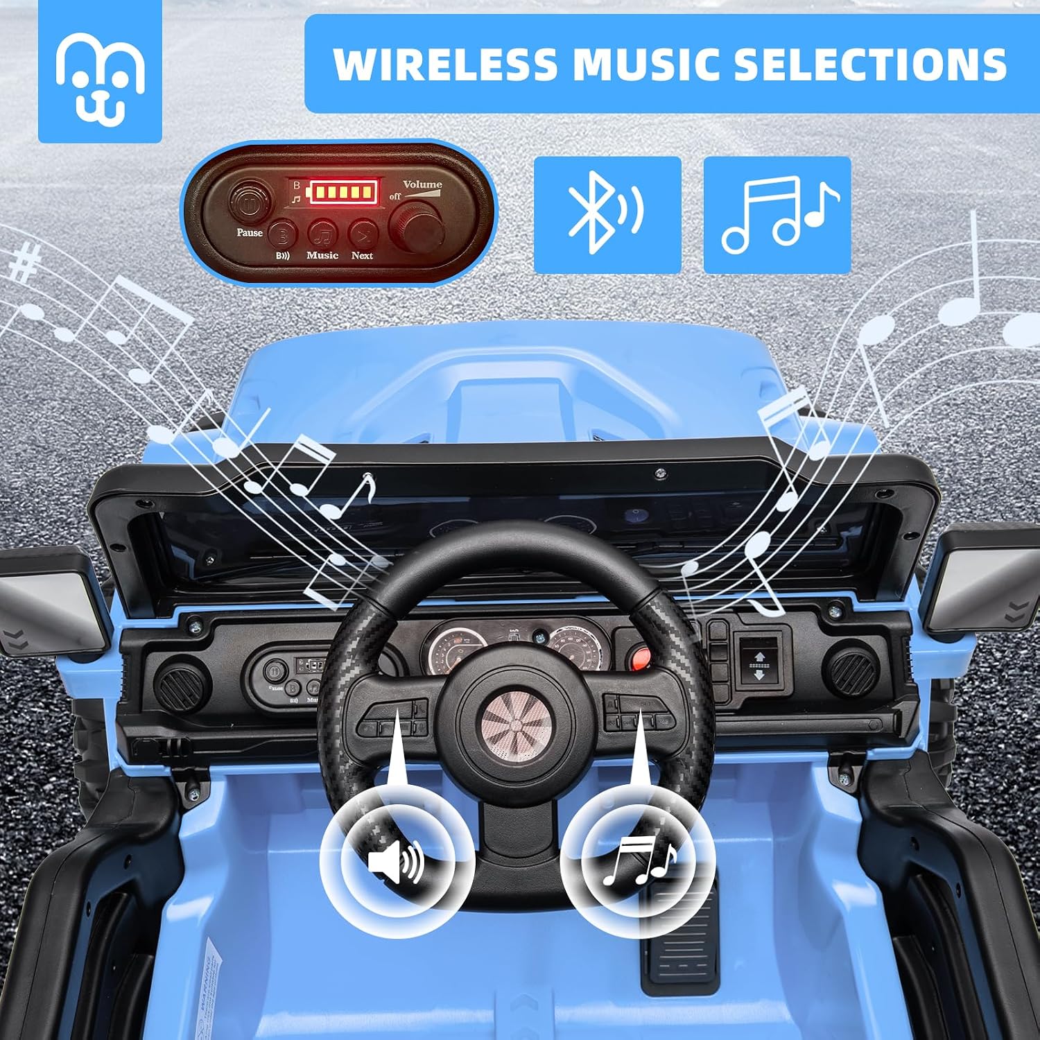 MINIATURE MOTORS 12V Kids Electric Ride on Truck Car Remote Control, Twin 35W Motors 3.5MPH Max Speed, Bluetooth Music Player, 4 Wheels Suspension LED Lights Safety Belt, Gift for Boys & Girls-Blue