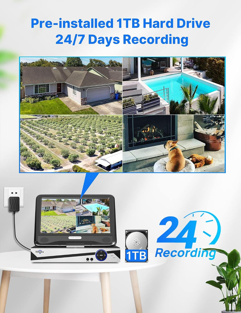 [10CH Expandable] Hiseeu Wireless Security Camera System with 10in LCD 4K Monitor, 4Pcs 5MP Outdoor Indoor Cameras with One-Way Audio, Waterproof, Motion Detect, 1TB HDD/Cloud Storage