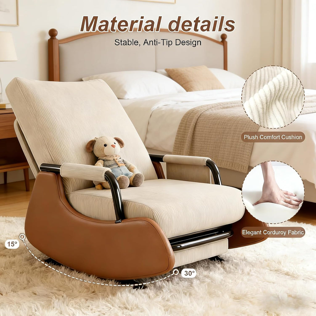 JPBSTO Rocking Chair Nursery, Upholstered Glider Rocking Chair with Footrest, Side Pocket and Adjustable High Backrest, Foldable Rocker Recliner Perfect for Living Room Bedroom, Beige