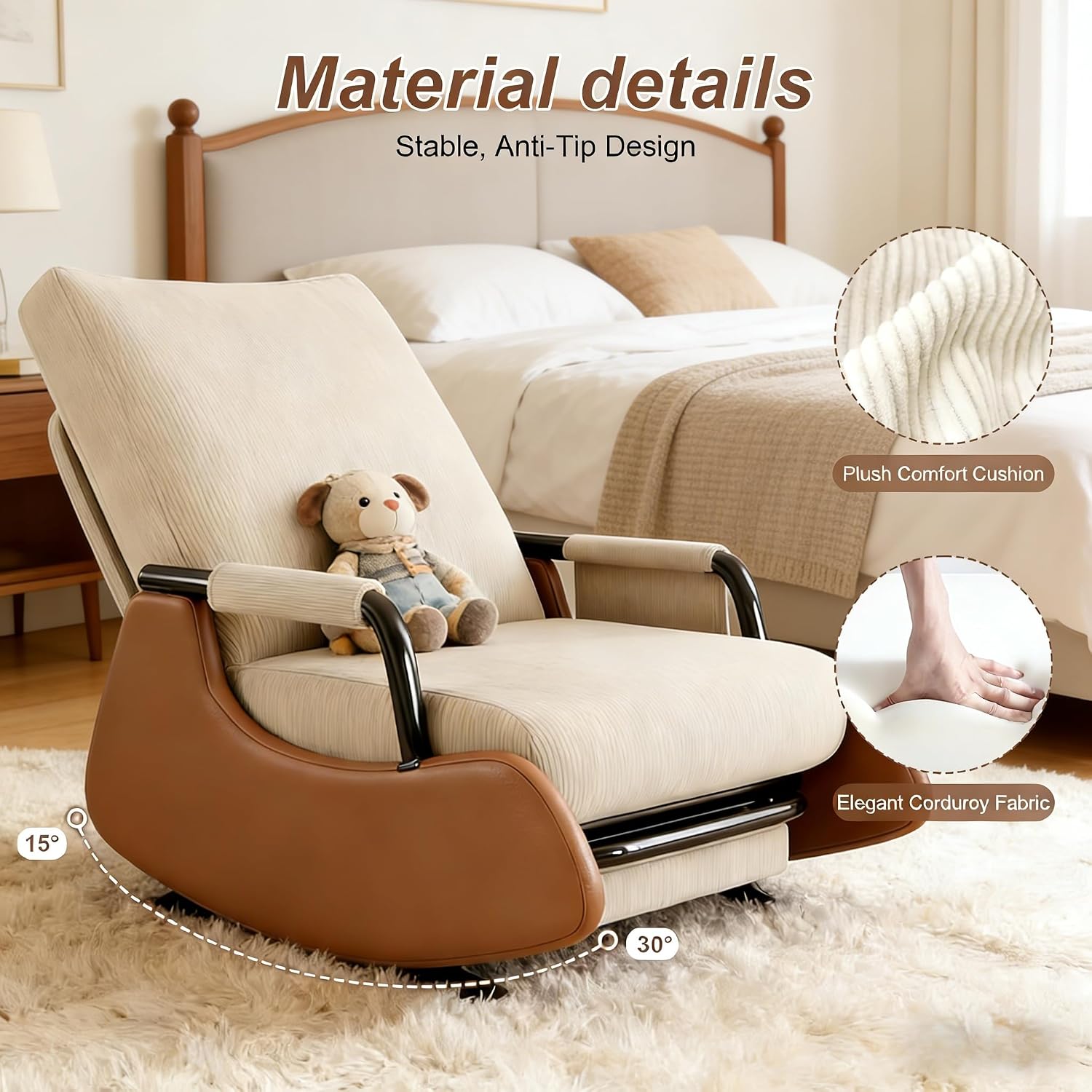 JPBSTO Rocking Chair Nursery, Upholstered Glider Rocking Chair with Footrest, Side Pocket and Adjustable High Backrest, Foldable Rocker Recliner Perfect for Living Room Bedroom, Beige