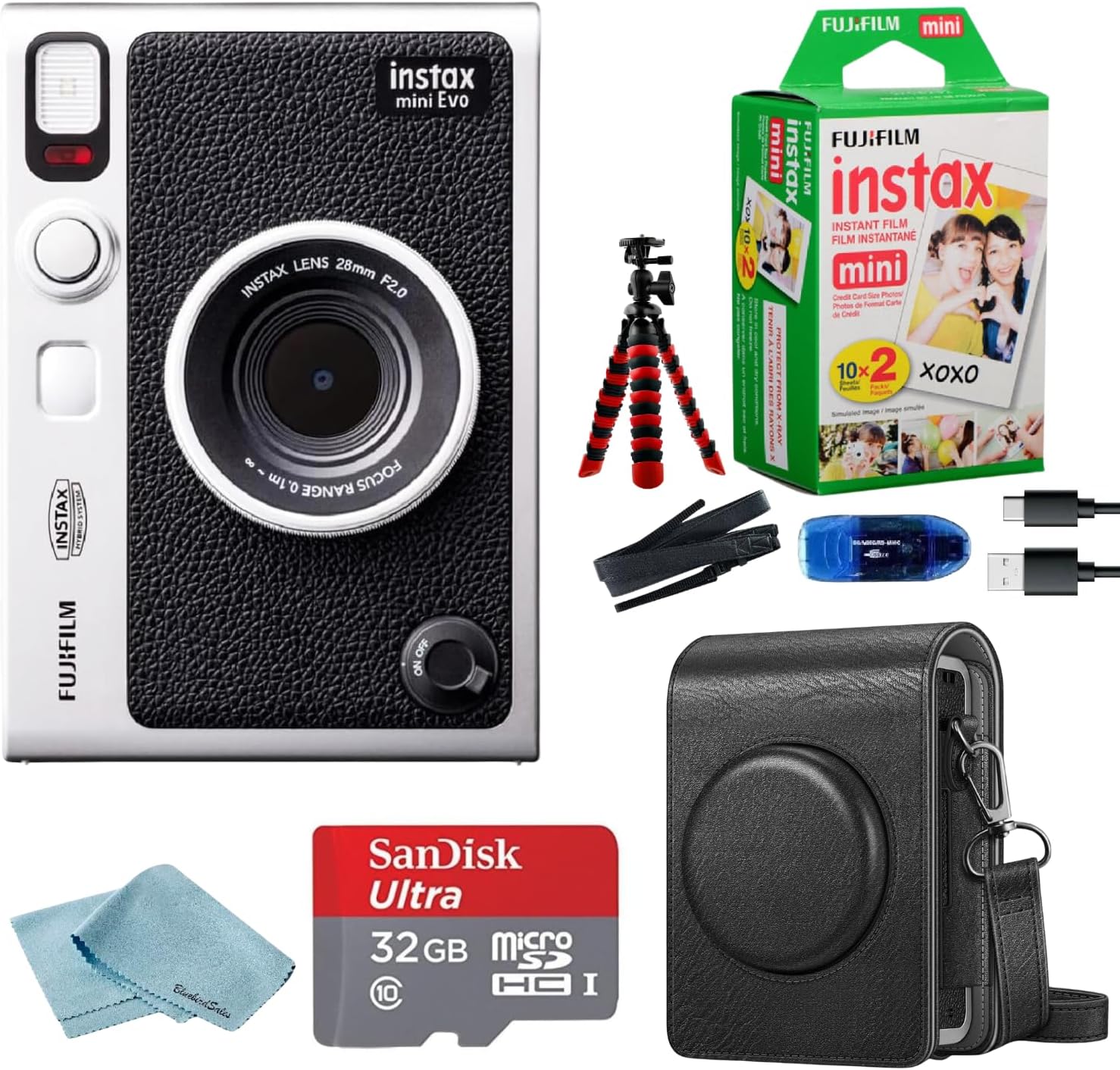 Fujifilm Instant Mini EVO Hybrid Camera Bundle with 20 Instant Film Sheets + 32GB Memory Card + Carrying Case + Flex Tripod + BluebirdSales Cleaning Cloth (Black)