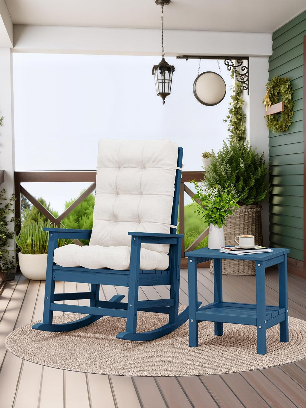 KINGYES Oversized Outdoor Rocking Chair with Cushion, All-Weather Patio Rocking Chairs, HDPE Porch Rocker for Adults, 350 lbs Capacity, Blue Chair with Beige Cushion