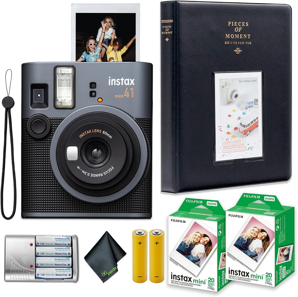 Fujifilm Instax Mini 41 Instant Film Camera Bundle with 2X Fuji Instax-Instant-mini Film Value Pack (40 Sheets) + 4X Rechargeable AA Batteries with Charger + Photo Album – 64 Pockets + More