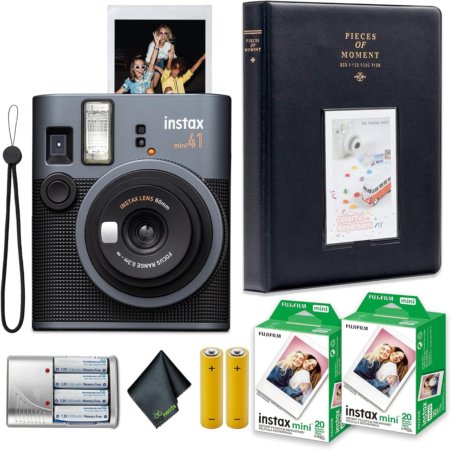 Fujifilm Instax Mini 41 Instant Film Camera Bundle with 2X Fuji Instax-Instant-mini Film Value Pack (40 Sheets) + 4X Rechargeable AA Batteries with Charger + Photo Album – 64 Pockets + More