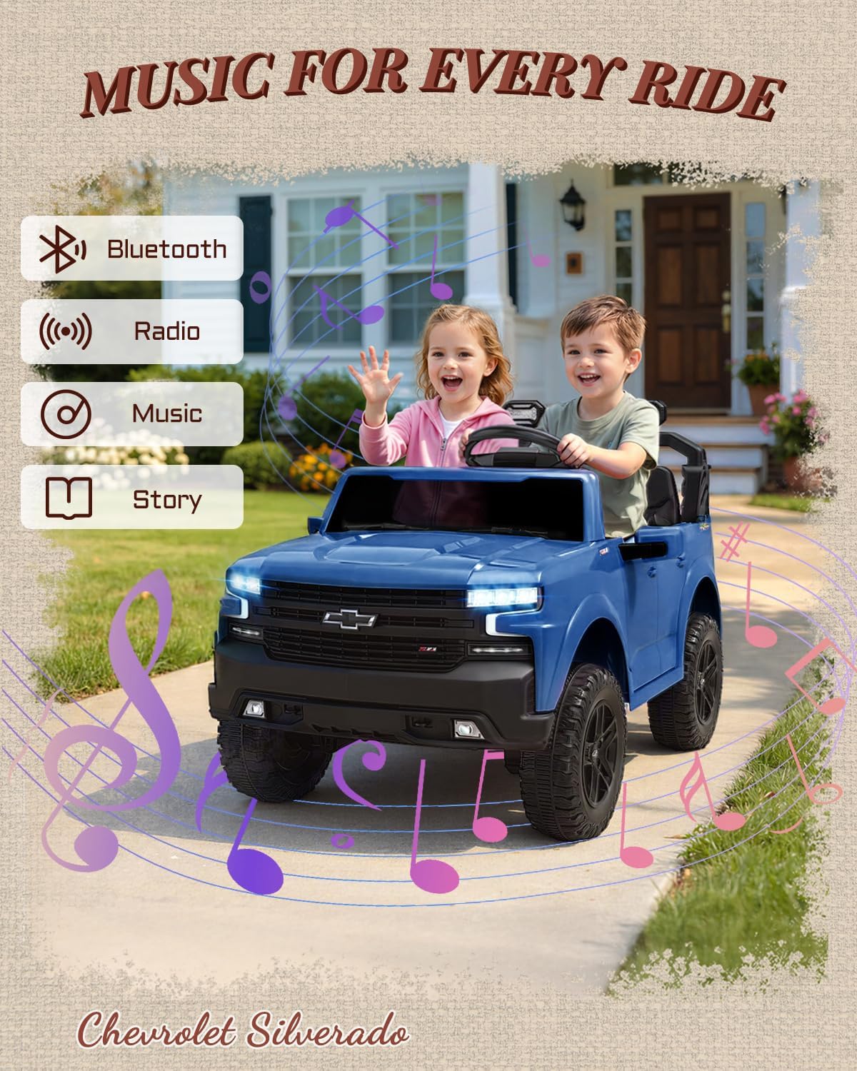 First Ride On 24V 2 Seater Ride on Toys Licensed Chevrolet Silverado, Electric Vehicle with Remote Control and Seat Belts, Electric Ride On Truck wtih Trunk, Bluetooth and LED Lights (Blue)