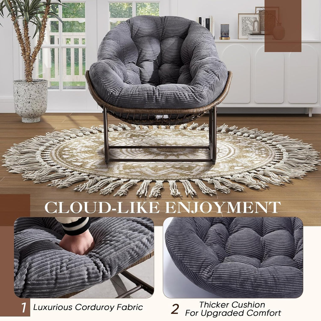 Oversized Indoor Rocking Chair Set of 2, Comfy Corduroy Rocking Papasan Chair with Thick Cushion and Frame, Large Wicker Rocker Egg Chair Reading Chair for Living Room,Bedroom,Lounge, Dark Grey