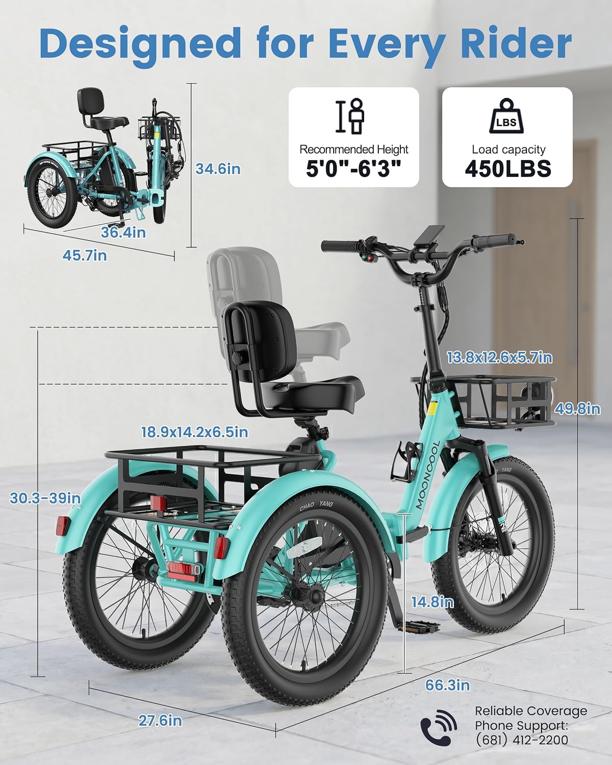 MOONCOOL Electric Trike for Adults, 500W/750W 48V Electric Tricycle for Adults, 20'x3.0' Fat Tire 3 Wheel Electric Bike, Folding Aluminum Adult Tricycle with Removable Battery