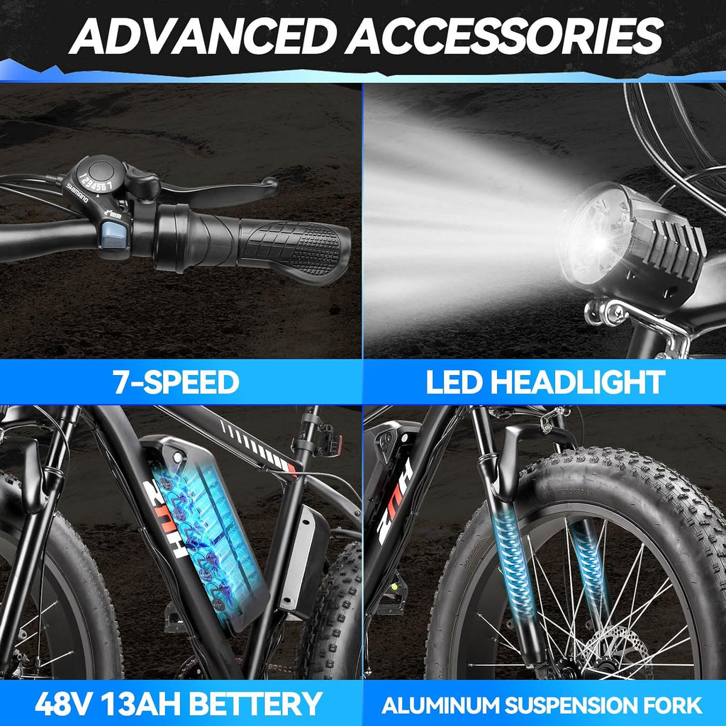 ZNH 750W|1000w Electric Bike for Adults, 48V 13Ah Removable Battery, 24' x 4.0' Fat Tire E-Bike, Up to 80 Miles, 7-Speed, Hydraulic Suspension, LCD Display, UL 2849 Certified