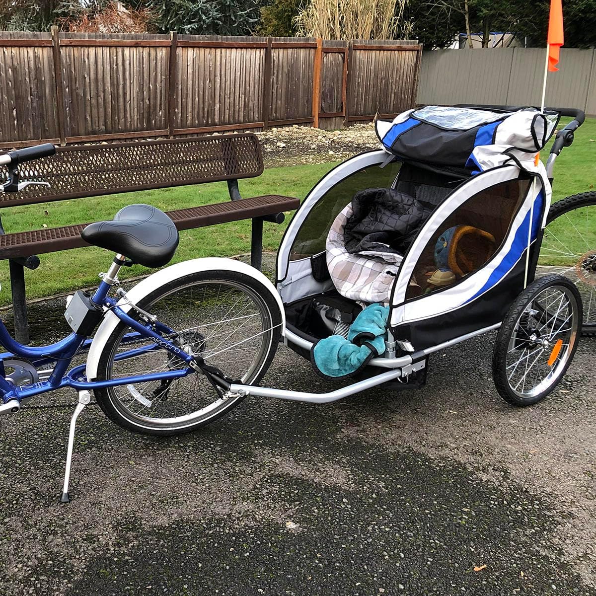 ClevrPlus Deluxe 3-in-1 Double 2 Seat Bicycle Bike Trailer Jogger Stroller for Kids Children | Foldable Collapsible w/Pivot Front Wheel