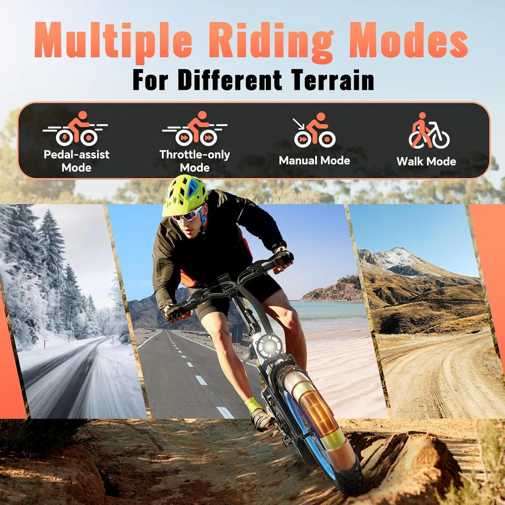 Folding 52V 20Ah Removabke Battery Electric Bike 1500W Peak Motor 20'' Fat Tire Mountain Commuter Ebike Motorcycle Range 70 Miles UL Certified Adult Electric Dirt Bike with 7-Speed