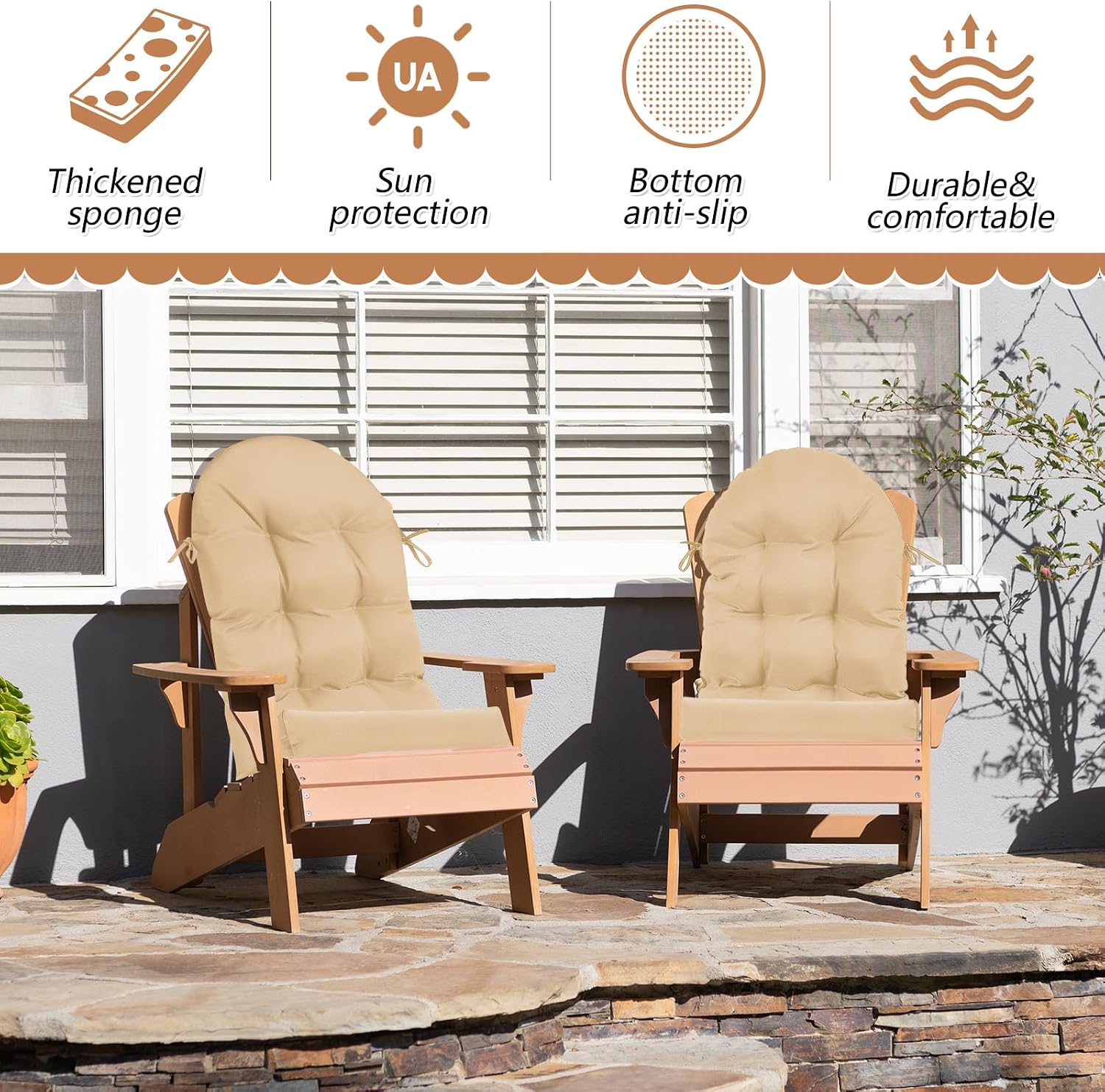 Geelin 4 Pcs Outdoor Patio Chair Cushion Thick High Back Adirondack Chair Cushion Tufted Weather & Fade Resistant Anti-Slip Outside Rocking Chairs Pads with Ties, 44 x 19 x 4 Inch (Beige)