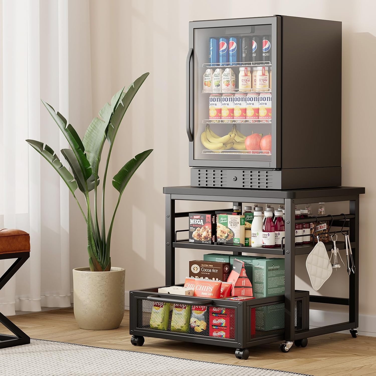DDJ Mini Fridge Stand with Storage, 21 x 21 in Heavy Duty Mini Fridge Table with Pull-out Shelf and Lockable Wheels, Compact Refrigerator Stand with Drawer Basket for Home Office, Black