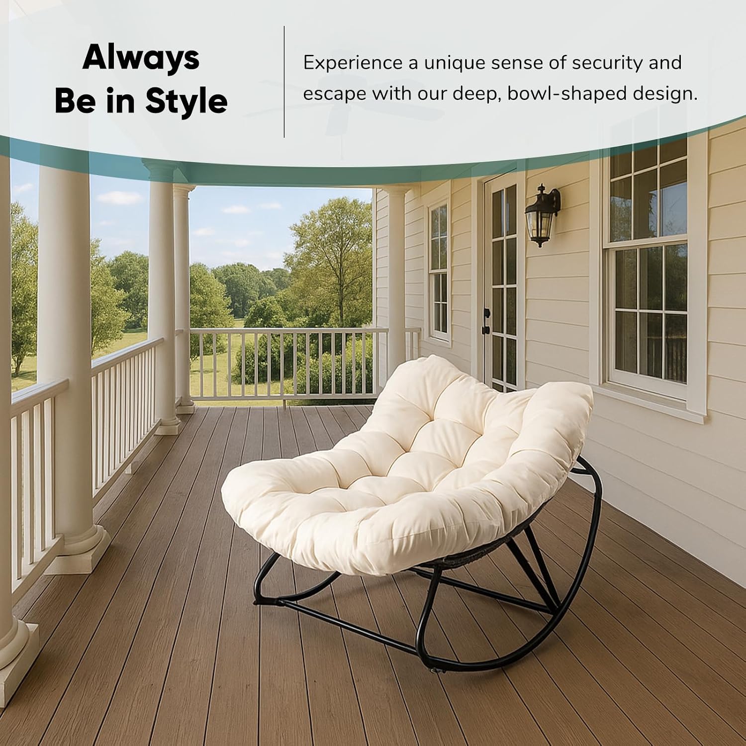 JOYBASE Outdoor Indoor Papasan Rocking Chair, Oversized Papasan Rocker with Cushion, Patio Wicker Comfy Egg Chair for Backyard Bedroom Living Room Lounge Reading (Beige)