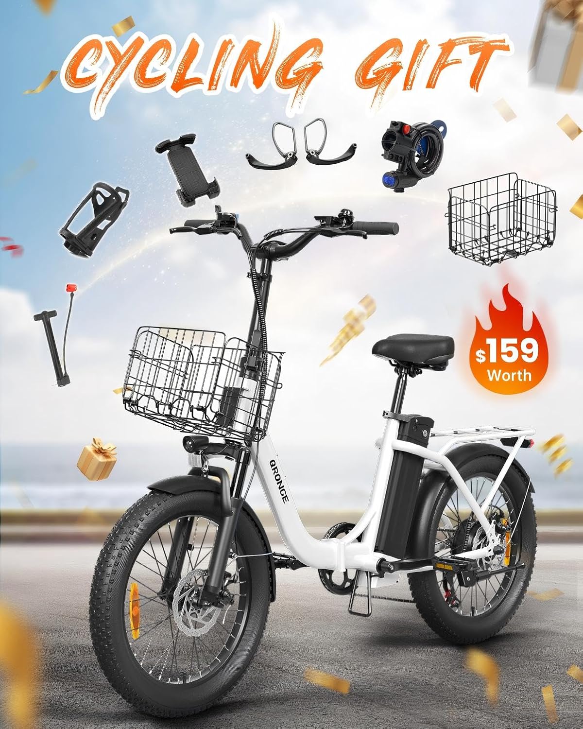 QRONGE Electric Bike, 1000W Peak Folding Electric Bike, 486Wh 70 Miles Range Ebike, Waterproof Removable Battery, 7 Speed, 25 MPH Max, 20' Step-Thru Bicycle with Front Basket