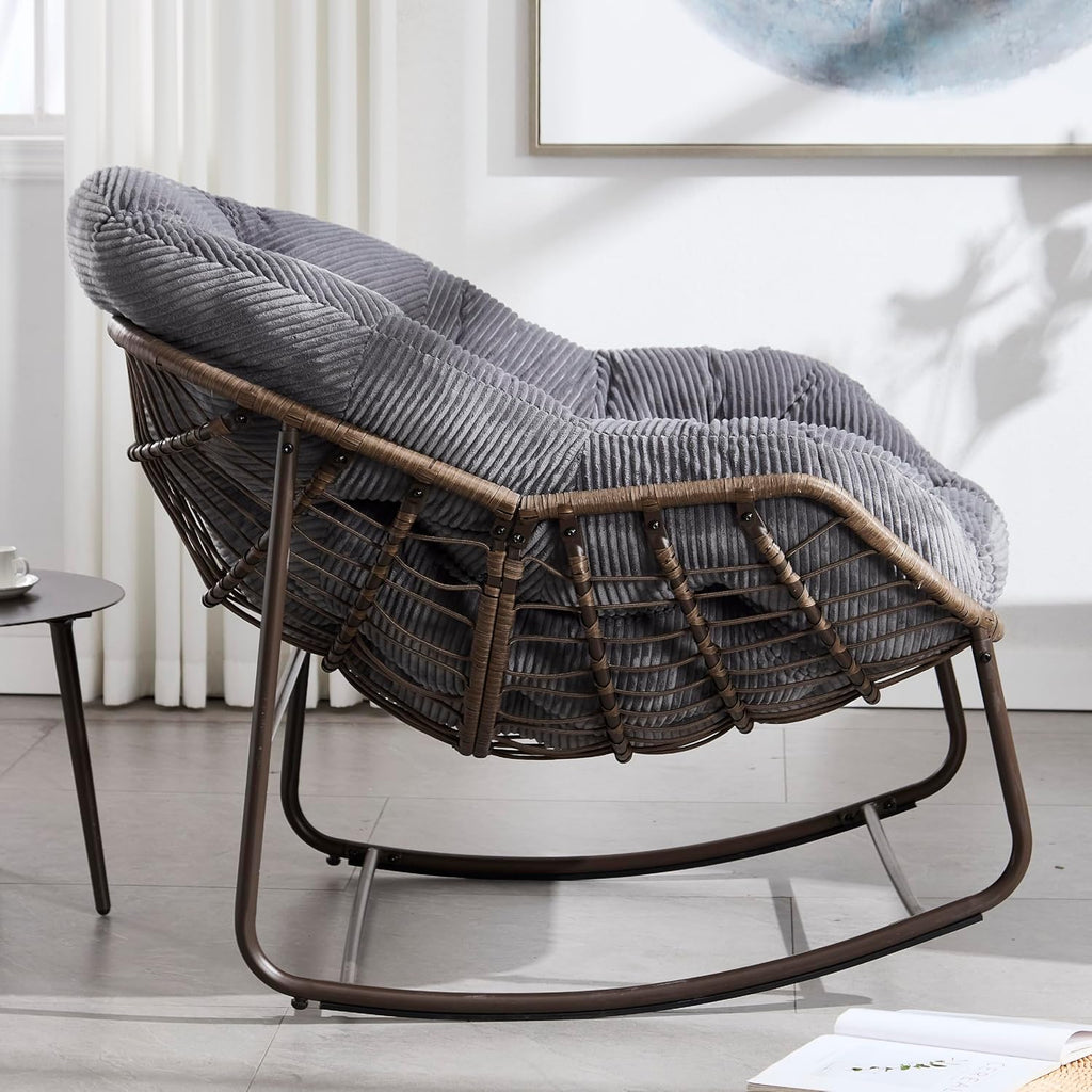 KEIKI Oversized Patio Lounge Chair-Outdoor Rattan Egg Reading Chair, Indoor Padded Cushion Papasan Rocking Chair W/Steel Frame, Porch Rocker Chairs Furniture for Garden Lawn, Grey Velvet