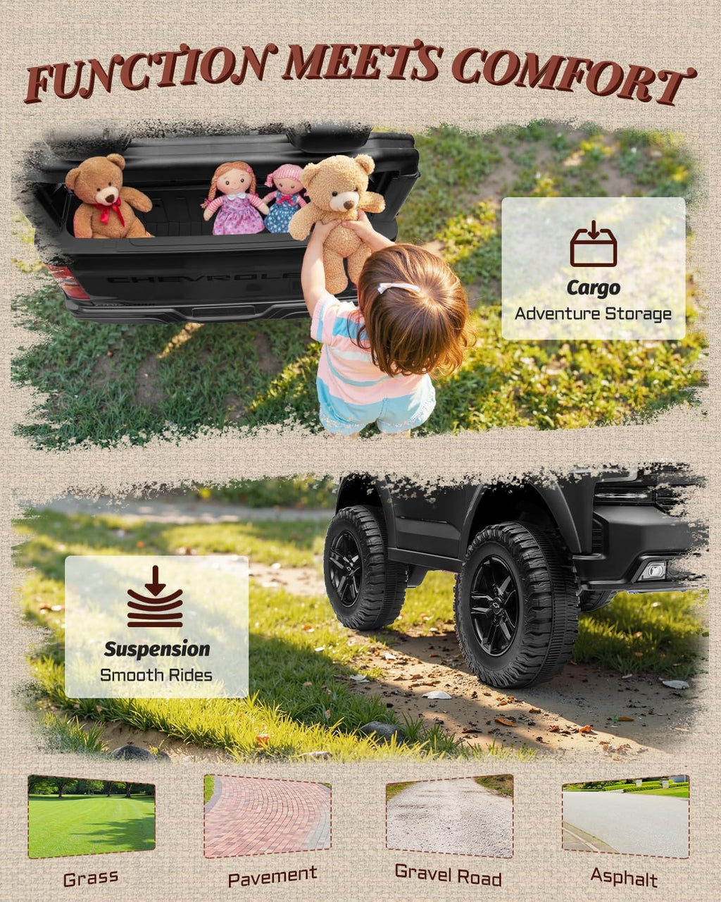 First Ride On 24V 2 Seater Ride on Toys Licensed Chevrolet Silverado, Electric Vehicle with Remote Control and Seat Belts, Electric Ride On Truck wtih Trunk, Bluetooth and LED Lights (Black)