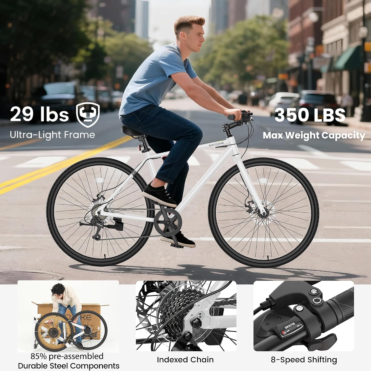MOONCOOL Hybrid Bike for Men, 700C Aluminum 29LB Ultra-Light 8 Speed Commuter Bike, 350lb Loading, 29' Urban Bicycle, Dual Disc Brakes, for Tall Men&Women, 85% Pre-Assembled