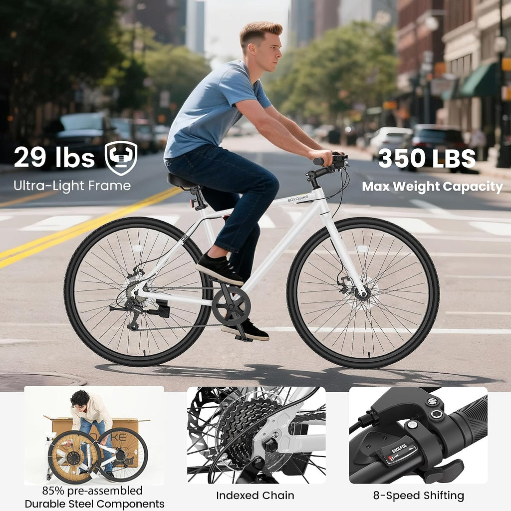 MOONCOOL Hybrid Bike for Men, 700C Aluminum 29LB Ultra-Light 8 Speed Commuter Bike, 350lb Loading, 29' Urban Bicycle, Dual Disc Brakes, for Tall Men&Women, 85% Pre-Assembled