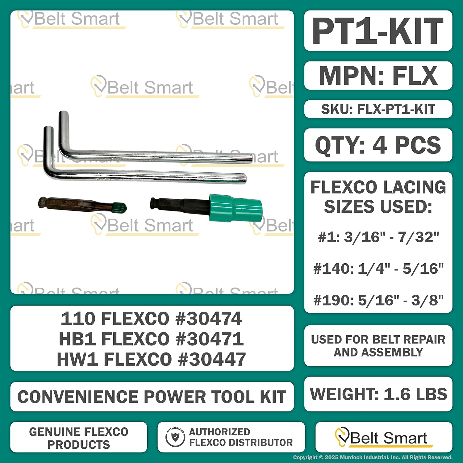 Genuine Flexco Convenience Power Tool Kit | 110 Bolt Breaker (#30474), HB1 Power Boring Bit (#30471), and HW1 Power Wrench (#30447) for Conveyor Belt Fastener Installation and Removal